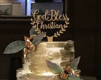 Personalized Baptism Cake Topper, God Bless, Wooden Christening Decor