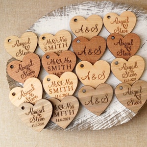 Hochzeit Tags, Personalisierte Herz-Tags, Danke-Tags, Herz-Tags für Hochzeitsbevorzugungen, Benutzerdefinierte Dankeschön-Geschenk-Tags, Holz-Tags, Set von 10 Stück