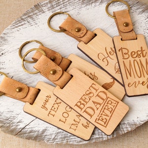 Personalized Key Chain, Engraved Wooden Key Ring with Natural Cork Leather Strap, Custom Key Fob, Laser Engraving on both sides