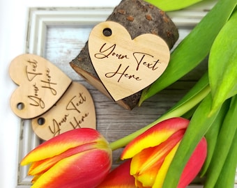 Wooden heart tags engraved with your own text or logo, product tags, thank you tags, wedding favor tags, heart hang tags, heart tags, 10 pc