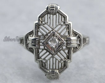 Art Deco Engagement Ring 1920s Vintage Filigree Ring, Antique Style Diamond Ring, 925 Sterling Silver Statement Ring, Gatsby Ring Gift