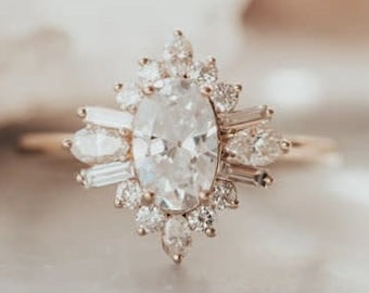 14k Gold Oval Engagement Ring, Vintage Art Deco Moissanite Halo Sunburst Ring, Baguette Wedding Ring, Oval Halo Starburst Ring