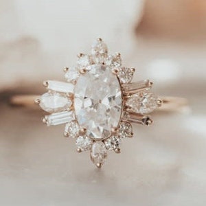 14k Gold Oval Engagement Ring, Vintage Art Deco Moissanite Halo Sunburst Ring, Baguette Wedding Ring, Oval Halo Starburst Ring