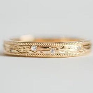 Eternity Wedding Ring, 14K Gold Leaf Engraved Milgrain Edge Ring, Sterling Silver Ring, Rings for women