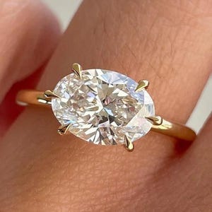 East West Oval Cut Moissanite Engagement Ring 14K Solid Yellow Gold 6 Prong Set Solitaire Wedding Ring Big Diamond Gift Ring For Her