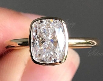 2 Ct Elongated Cushion Engagement Ring, Bezel Set Cushion Cut Wedding Ring, Gift for her, Sterling Silver Ring