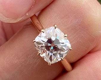 3ct Old Mine Cushion Cut Moissanite Ring, 14k Solid Gold Solitaire Diamond Ring, Rings for Women