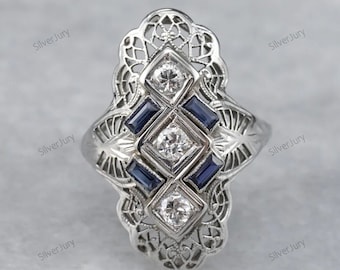Bague Argent Art Déco Ancienne Avec Saphir Et Zirconium - Taille 51, Vintage Et élégante