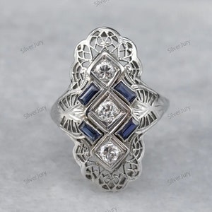 Art Deco Sterling Silver Ring: Filigree Sapphire Moissanite Engagement