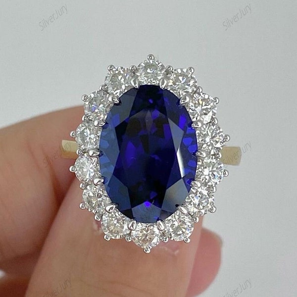 Royal Blue Sapphire Princess Diana inspired Ring, Lab Simulated Sterling Silver Engagement Ring, Diana type ring, Gifts for her