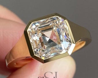 Bezel Set Asscher Cut Diamond Engagement Ring, 14k Solid Gold Solitaire Ring, IGI Certified 4ct Lab Grown Diamond E Color VS1