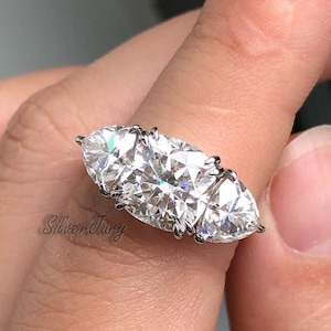 Three Stone Ring, 2 Ct Cushion Cut Engagement Ring with 2 Trillian Stone, Rings for women, gifts for her
