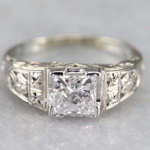 Anillo de compromiso princesa de filigrana Art Déco, anillo vintage de plata de ley, anillo antiguo, anillo de diamantes cuadrados