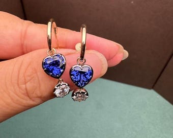 Gypset Heart Shape Sapphire & Diamond Hoop Earrings, Georgian style cut-down setting In 10k blackened White Gold/Yellow Gold.