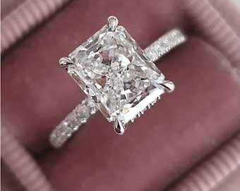 2Ct Radiant Cut Moissanite Engagement Ring: Hidden Halo, Sterling Silver