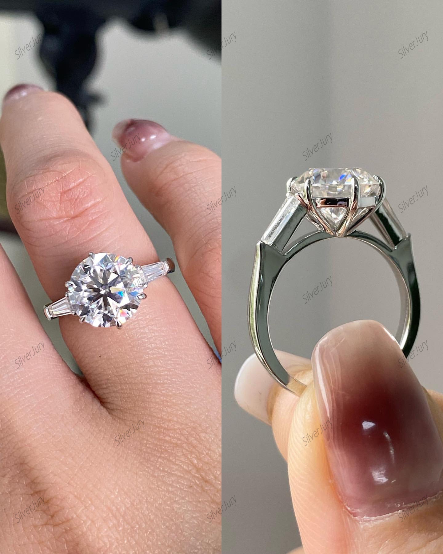 2ct Round Engagement Ring, Side Tapered Baguette Moissanite 2ct Round Engagement Ring, Side Tapered Baguette Moissanite