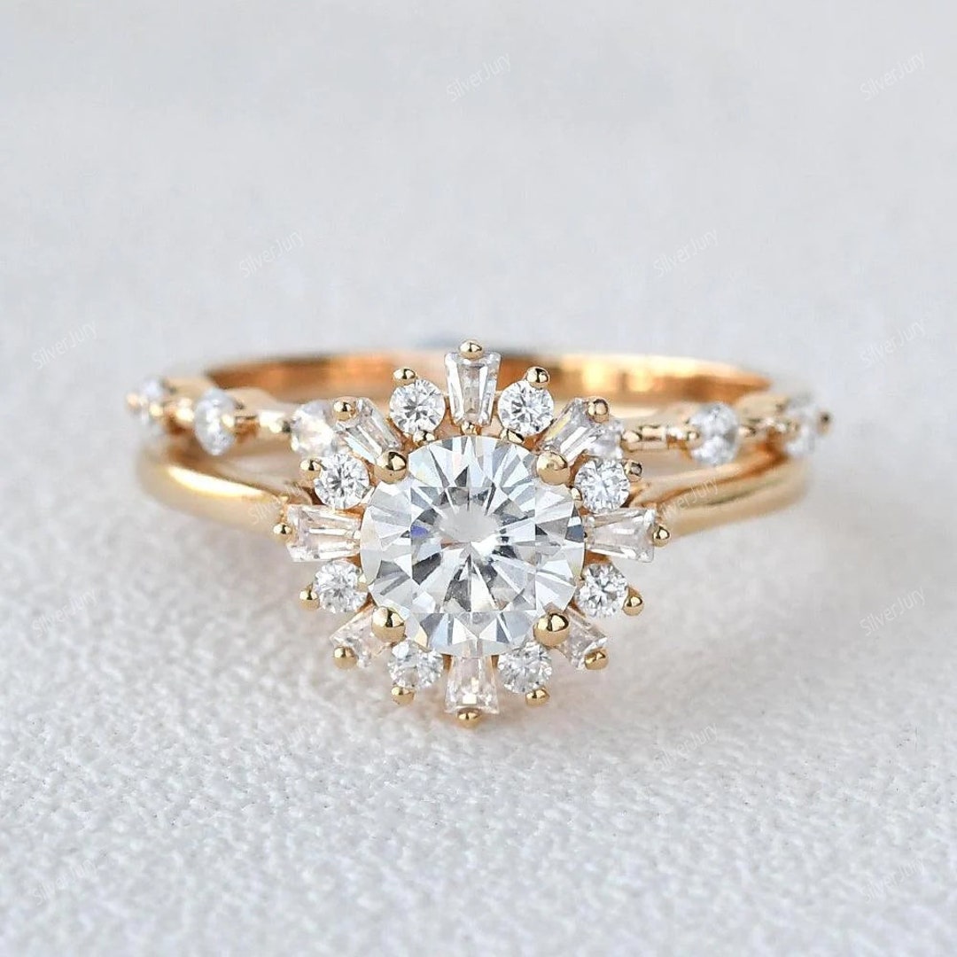 1.50TCW Round Starburst Engagement Ring, 14k Gold Moissanite Wedding