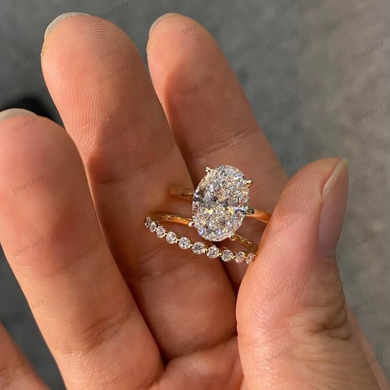 Oval Moissanite Engagement Ring Set: 14K Yellow Gold Bridal