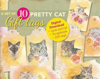 Vintage Cat & Rose Printable Ephemera Gift Tags, Junk Journal Embellishments (Digital Download)