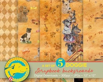 Set of 5 Doggy Scrapbook backgrounds ~ Canine Digital Paper Pack  ~ 12X12 ~ 300dpi files ~ Instant download for Scrapbooking DOG lovers