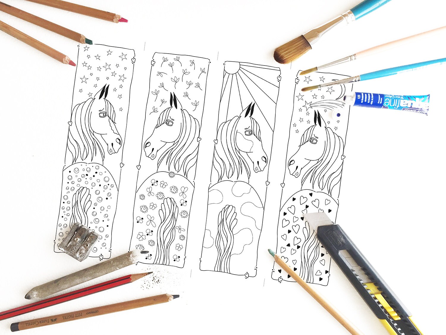 Whimsical Horse Coloring Bookmarks Etsy