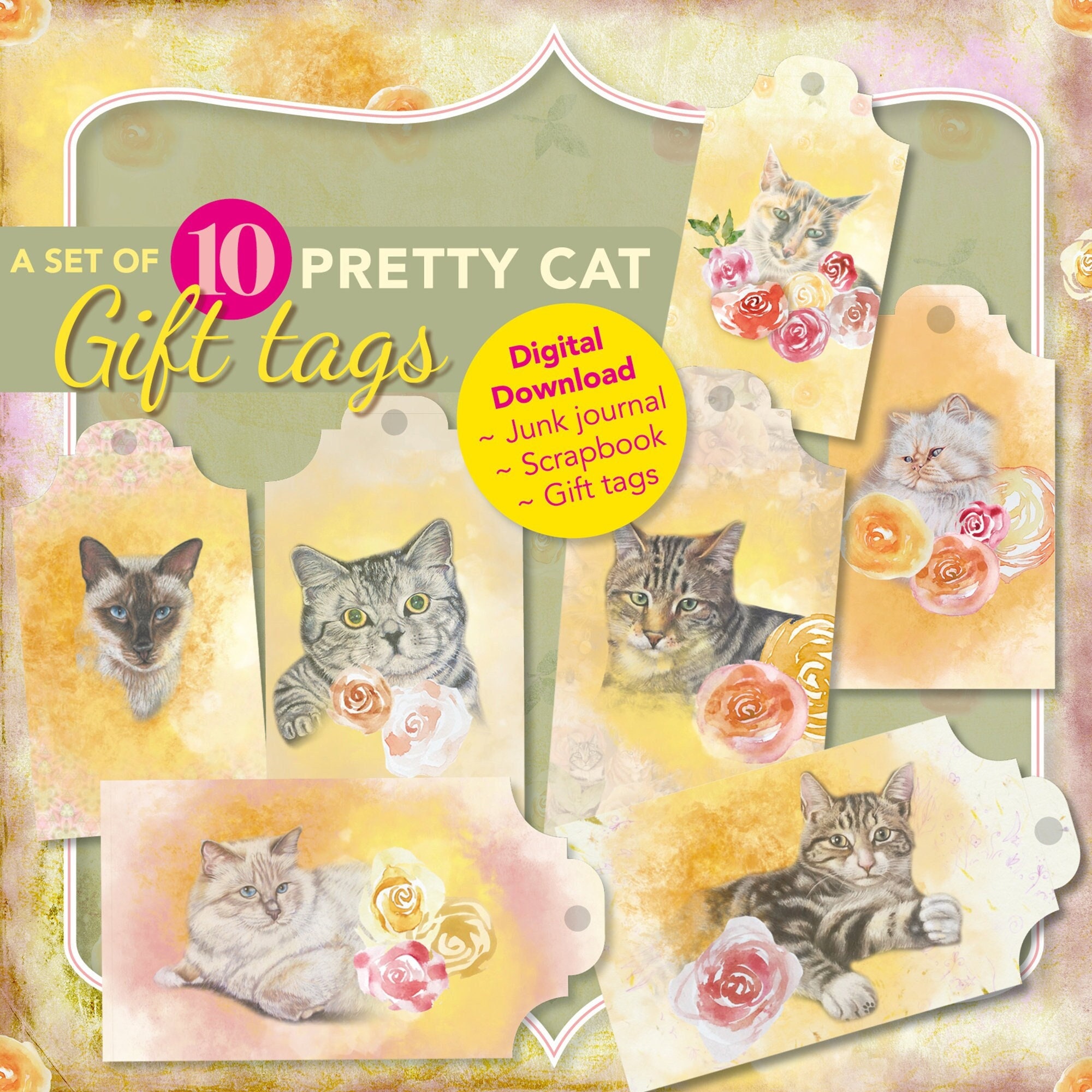 Cats And Roses Gift Tags Set Of 10 Pretty Cat Tags Junk Journal Tags cats-and-roses-gift-tags-set-of-10-pretty-cat-tags-junk-journal-tags
