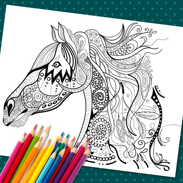 A3 Gypsy HORSE PDF coloring page. Adult coloring page. Digital download. Printable coloring page. Free spirit horse Pretty pony pattern page