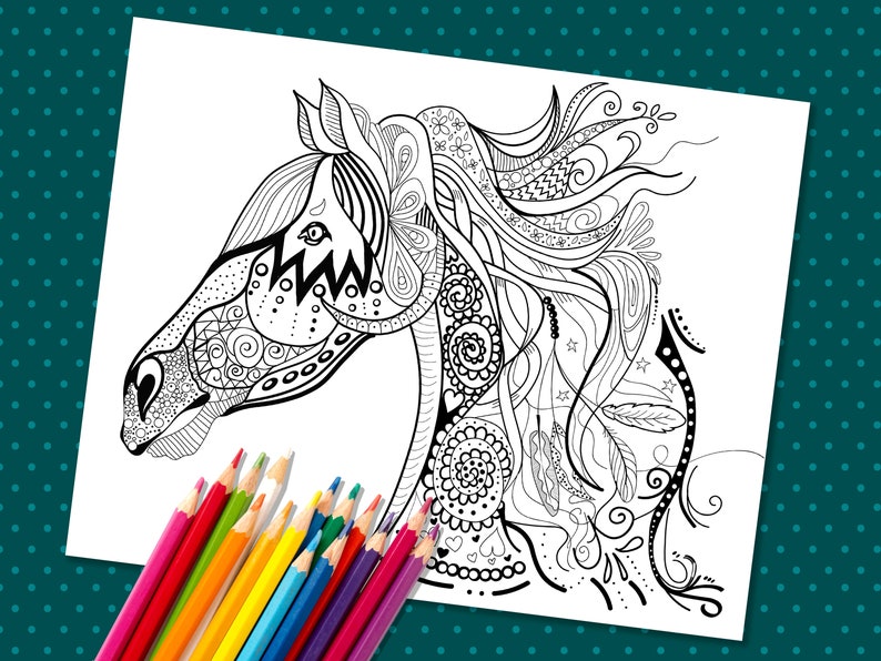 A3 Gypsy HORSE PDF coloring page. Adult coloring page. Digital | Etsy