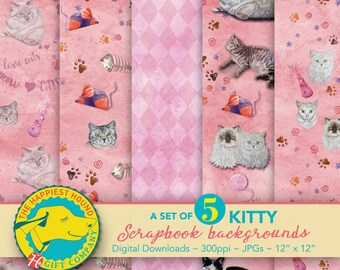 May include: A set of five digital scrapbook backgrounds featuring pink and white patterned backgrounds with illustrations of cats, cat toys, and paw prints. The text "A set of 5 Kitty Scrapbook backgrounds" is displayed in a blue banner.