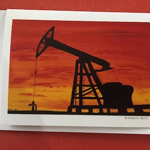 hand made Greeting cards -- frame-able art cards - pump jack