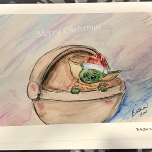 Carte de voeux de Noël Baby Yoda fabriquée à la main (pouvant être encadrée) - 5 x 7