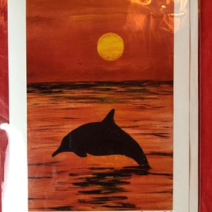 hand made greeting card - frame-able art cards - dolphin and sunset