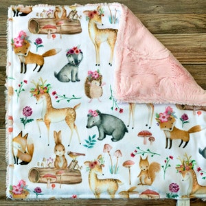 Woodland Animals Baby Lovey: Pink Minky Snuggle Blanket