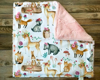 Cute Woodland Animals Baby Lovey, Pink Minky Snuggle Blanket, Cuddle Blanket, Baby Girl Gift, Baby Shower Gift, Fox, Deer, Hedgehog, Bears