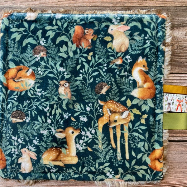 Sensory Crinkle Paper Square, Woodland Animals Plush Tagged Baby Toy, Tummy Time, Baby Boy/Girl Gift, Baby Shower Gift, Infant Fawn Faux Fur