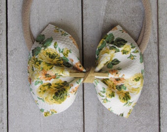 Vintage Lemon floral faux leather bow