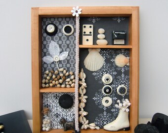 wall decoration, vintage, handmade, wood, black and white, house, shadowbox,