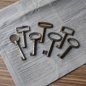 Könnte beinhalten: Eine Sammlung von sechs antiken Metallschlüsseln mit unterschiedlichen Reidenformen, darunter rechteckige und ovale Designs, die auf einem Blatt bedrucktem Finanznachrichtenpapier liegen. Die Schlüssel haben metallische Oberflächen in Messing, Bronze und Silber.