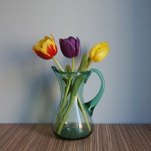 Transparent green pitcher, hand blown glass jug with handle, wine decanter, water carafe, shop display, home decor, vintage collectibles