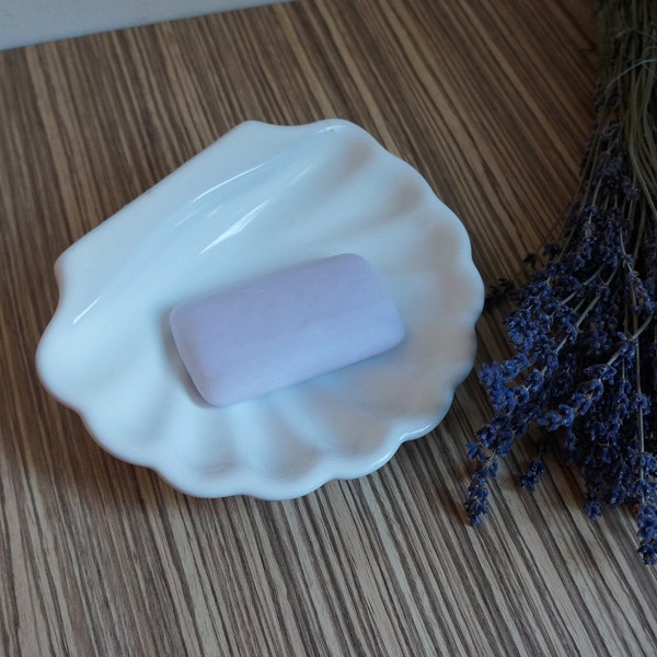 Midcentury soap holder for bathroom, shell shaped white porcelain, wall mounted, vintage architectural salvage for restorations