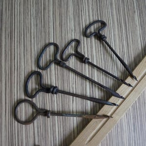 Peut inclure: Un ensemble de cinq outils à main en métal sombre et patiné, dotés de poignées en forme de T ou d'anneaux circulaires et de tiges pointues et effilées. Ces instruments au style ancien sont disposés en éventail, révélant leur texture rouillée.