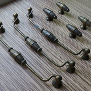 Set of 3 long handles for drawers and 4 barrel knobs for cabinet doors, solid cast brass, vintage architectural salvage for restoration