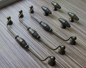 Set of 3 long handles for drawers and 4 barrel knobs for cabinet doors, solid cast brass, vintage architectural salvage for restoration