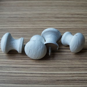 Shabby set of 4 small drawer wooden knobs, brush painted white, mushroom shape, vintage architectural salvage for furniture restoration