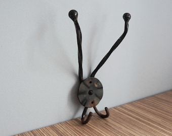 Large rustic wall double hook, wrought iron style black twisted steel, round medallion, cabin, home decor, vintage architectural salvage