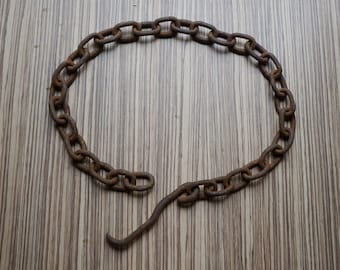 Rusty iron chain, 28" 71cm long, 30 welded links, deformed hook, vintage architectural salvage for restorations