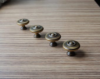 Set of 4 mushroom shaped brass knobs, round drawer handles, vintage architectural salvage for furniture restauration