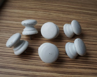Shabby set of 6 or 12 drawer wooden knobs, painted white, mushroom shape, vintage architectural salvage for furniture restoration