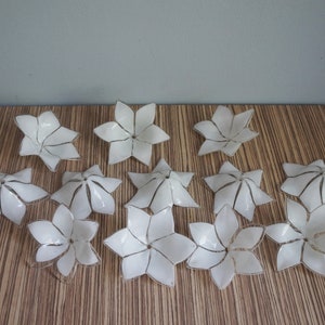 May include: A collection of eleven white, star-shaped decorative bowls with a metallic silver trim. The bowls are arranged on a brown, wood-grain surface. The bowls have six points and a shallow, open center.