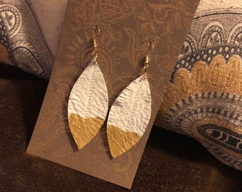 Feather Earrings White and Gold Leather Hand painted and sewn